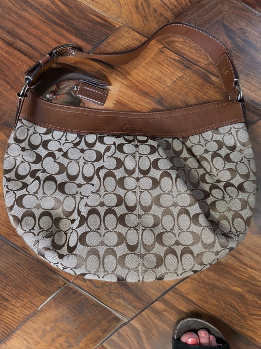 Coach Signature Jacquard Hobo Shoulder Bag Brown Leather Large 18”